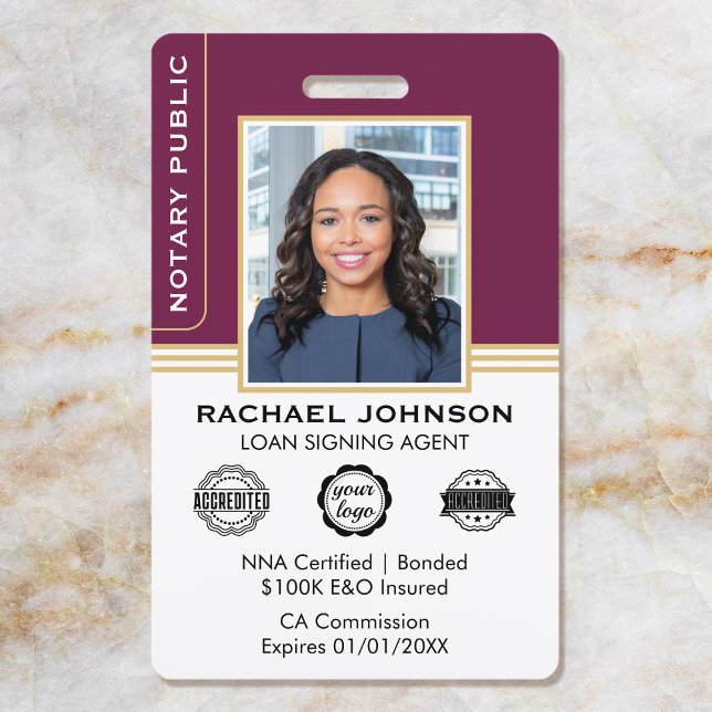 Classic Style Notary Signing Agent ID Plum Gold Badge (Creator Uploaded)