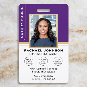 Classic Style Notary Signing Agent ID Purple Gold Badge