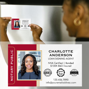 Classic Style Notary Signing Agent ID Red Gold Magnetic Business Card