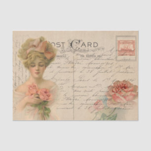 Classic Style Postcard/Victorian Lady With Roses Tissue Paper