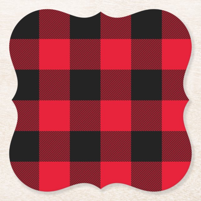 Classic Style Red and Black Buffalo Plaid Paper Coaster (Front)