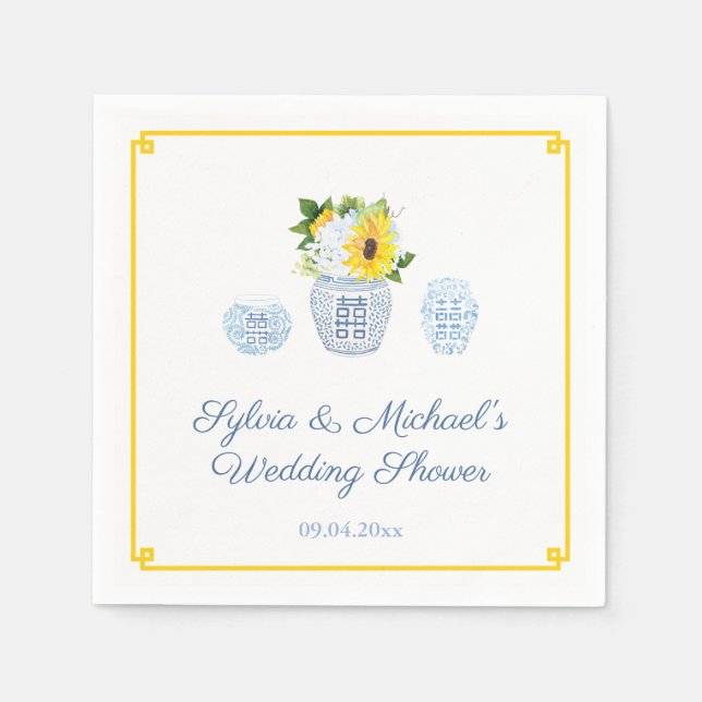 Classic Sunflowers Blue & White Vase Bridal Shower Napkin (Front)