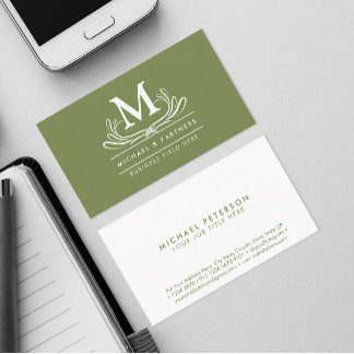 Classic Swirl Ornament Initial on Rustic Green Business Card