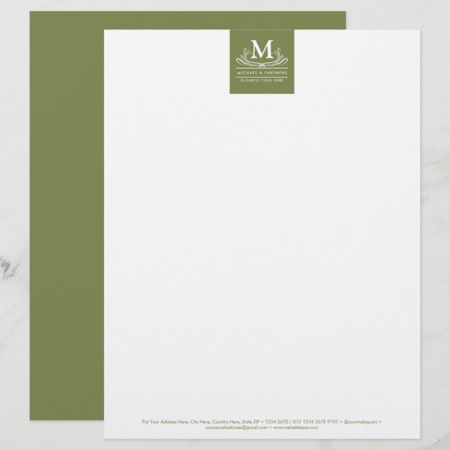 Classic Swirl Ornament Initial on Rustic Green Letterhead (Front/Back)