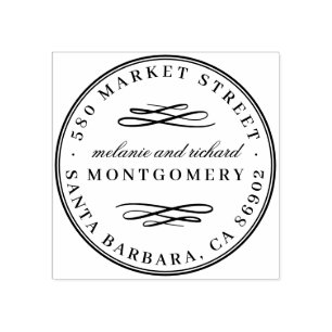 Classic Swirls Wedding Names Round Return Address Rubber Stamp