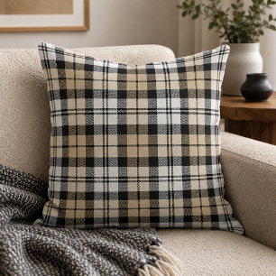 Classic Tan Black White Tartan Plaid Throw Pillow