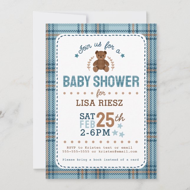 Classic Tartain Plaid Teddy Bear Baby Shower Invitation (Front)