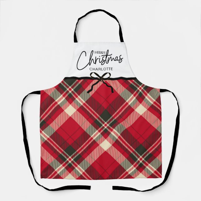 Classic Tartan Plaid Merry Christmas Custom Apron (Front)