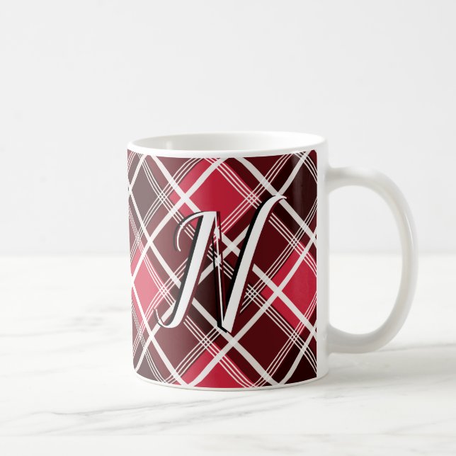 Classic Tartan Plaid Red Black Monogram Custom Coffee Mug (Right)