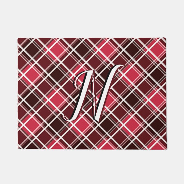 Classic Tartan Plaid Red Black Monogram Custom Doormat (Front)