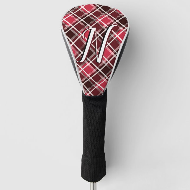 Classic Tartan Plaid Red Black Monogram Custom Golf Head Cover (Front)