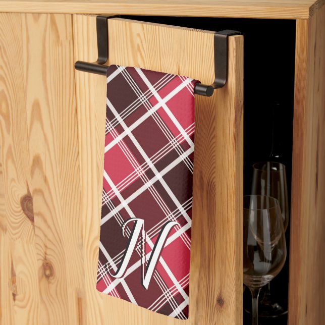 Classic Tartan Plaid Red Black Monogram Custom Kitchen Towel (Thirds Fold)