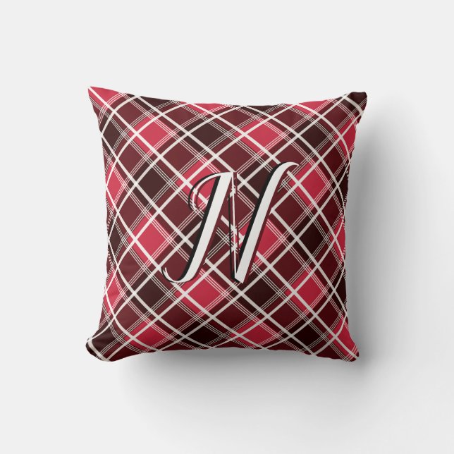 Classic Tartan Plaid Red Black Monogram Custom Throw Pillow (Front)