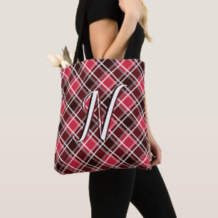 Classic Tartan Plaid Red Black Monogram Custom Tote Bag