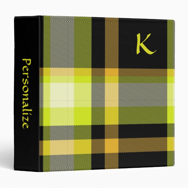 Classic Tartan Plaid Yellow Black Pattern Monogram Binder (Front/Spine)
