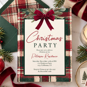 Classic Tartan Velvet Bow Holiday Christmas Party Invitation