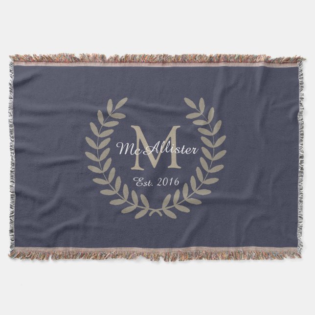 Classic Taupe Laurels Monogram + Family Name Throw Blanket (Front)