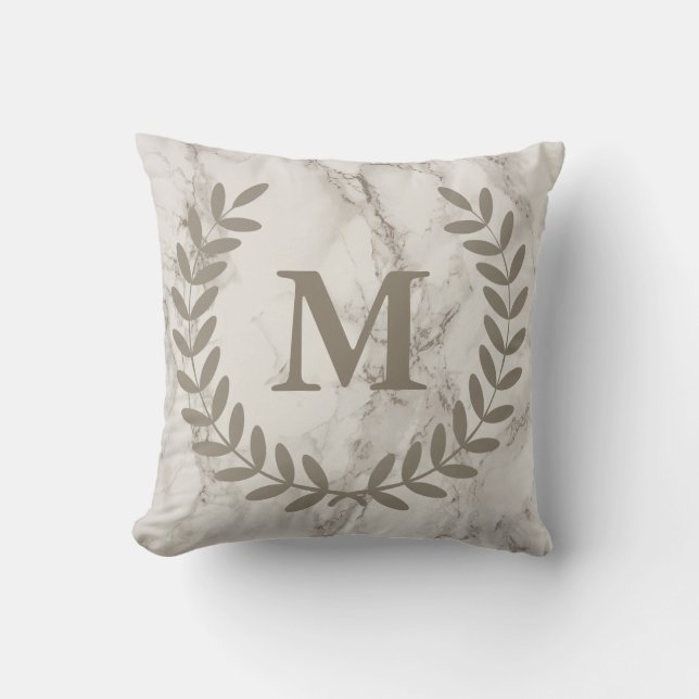 Classic Taupe Laurels White Marble Throw Pillow (Front)