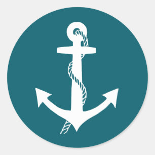 Classic Teal Blue and White Anchor Sailing Round Sticker