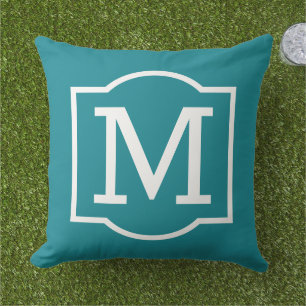 Classic Teal Blue Custom Monogram Letter Outdoor Pillow