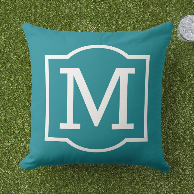 Classic Teal Blue Custom Monogram Letter Outdoor Pillow (Grass)
