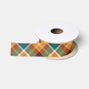 Classic Teal Blue Green Orange Tartan Pattern Satin Ribbon