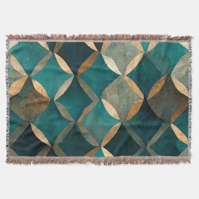 classic teal gold geometric luxurious elegant throw blanket (Front)