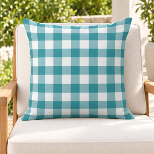 Classic Teal White Gingham Plaid Check Outdoor Pillow