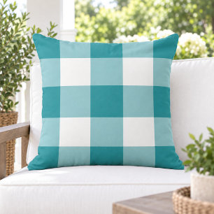 Classic Teal White Large Gingham Check Outdoor Pillow