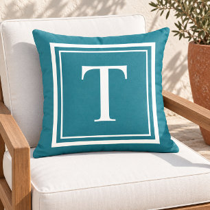 Classic Teal White Square Frame Monogram Outdoor Pillow