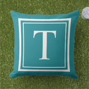 Classic Teal White Square Frame Monogram Outdoor Pillow