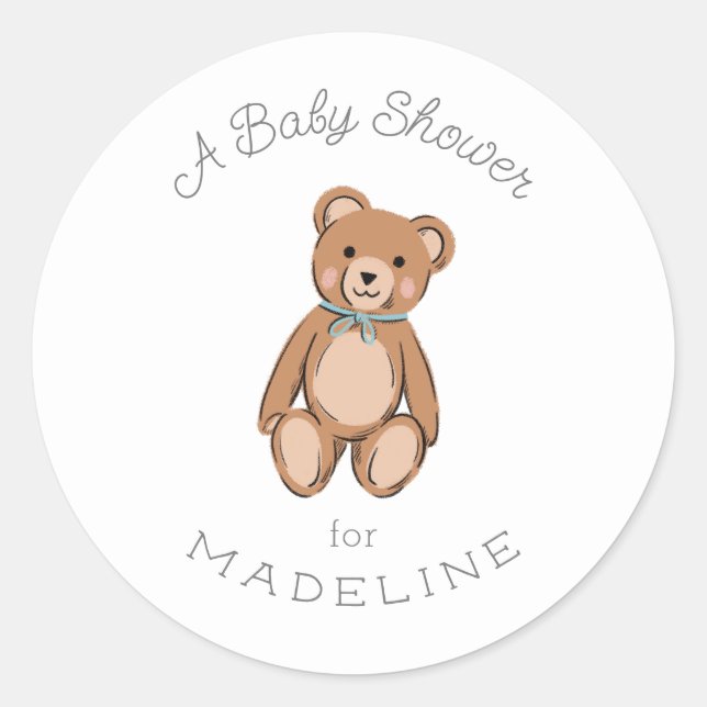 Classic Teddy Bear Blue Baby Shower Classic Round Sticker (Front)