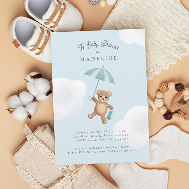 Classic Teddy Bear Blue Baby Shower Invitation (Creator Uploaded)