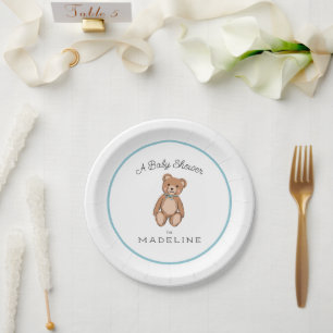 Classic Teddy Bear Blue White Baby Shower Paper Plate