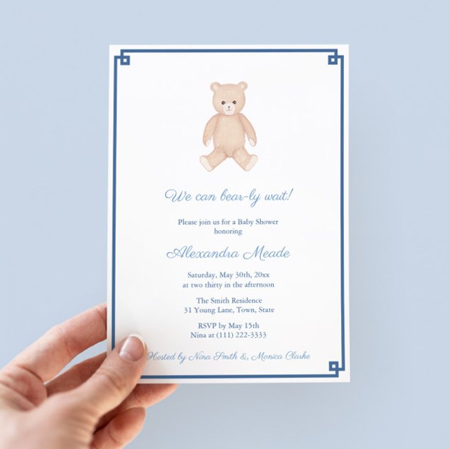 Classic Teddy Bear Boy Baby Shower Party Invitation (Timeless Teddy Bear Baby Shower Invitation Design With Navy Blue And White Greek Key Backer)