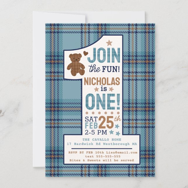 Classic Teddy Bear First Birthday Custom  Invitation (Front)
