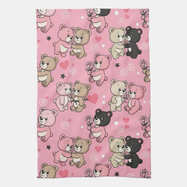 Classic Teddy Bear Hearts Pattern Kitchen Towel (Vertical)