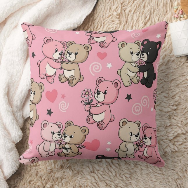 Classic Teddy Bear Hearts Pattern Throw Pillow (Blanket)