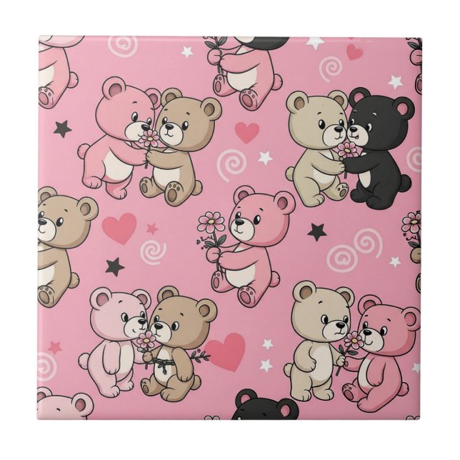 Classic Teddy Bear Hearts Pattern Tile (Front)