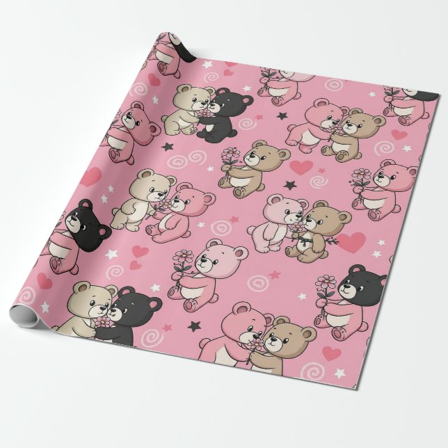 Classic Teddy Bear Hearts Pattern Wrapping Paper (Unrolled)