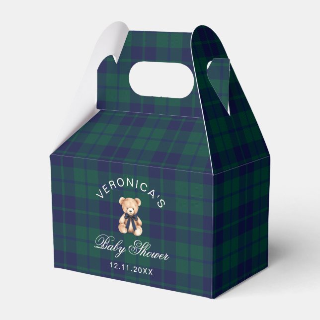 Classic Teddy Bear Navy Plaid Baby Shower Favor Box (Front Side)