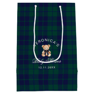 Classic Teddy Bear Navy Plaid Baby Shower Medium Gift Bag