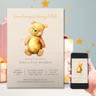 Classic Teddy Bear Neutro Minimalist Birthday Invitation
