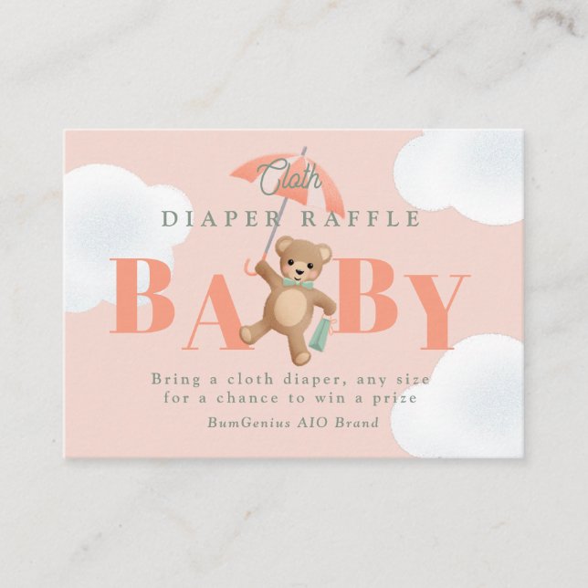 Classic Teddy Bear Peach Sage Baby Diaper Raffle Enclosure Card (Front)