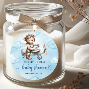 Classic Teddy Bear Pilot Blue Brown Baby Shower  Classic Round Sticker