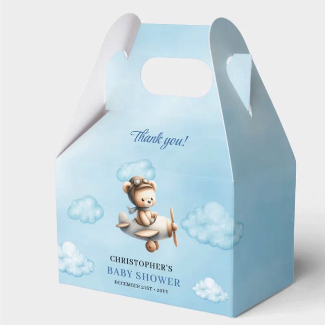 Classic Teddy Bear Pilot Blue Brown Boy Shower  Favor Box (Sweet Boy Shower Aviator Bear Blue Brown Box)