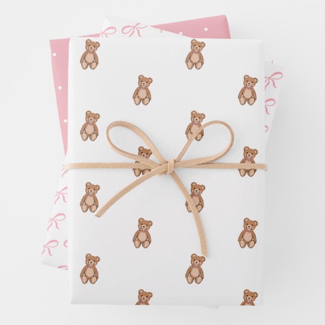 Classic Teddy Bear Pink Bow Baby Shower Wrapping Paper Sheet (In situ)