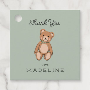 Classic Teddy Bear Sage Green Baby Shower Favour Tags