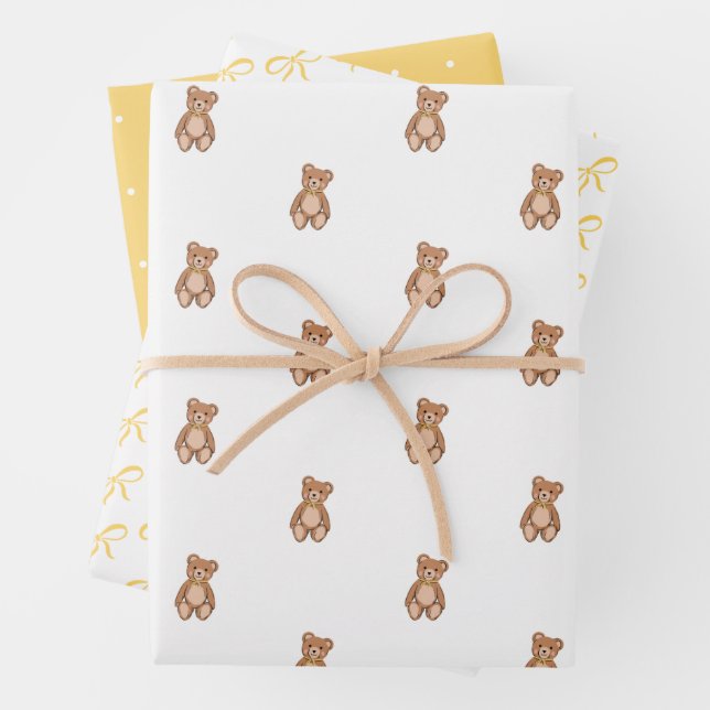 Classic Teddy Bear Yellow Bow Baby Shower Wrapping Paper Sheet (In situ)