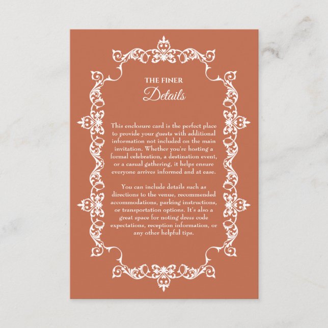Classic Terracotta Clay Ornately Framed Wedding Enclosure Card (Front)